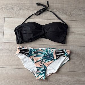 Tropical Bikini Bottoms with Black Bandeau Top- Womens L